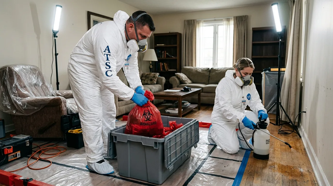 Professional Hoarding Cleanup technician in full PPE working in Red Wing